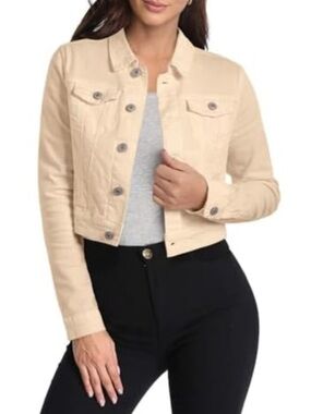 Women’s Cropped Beige Trucker Jacket - Classic Stretch Shacket 2XL